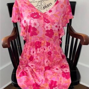 ANDREE BY UNIT Pink Floral Ruffle V-Neck Dress